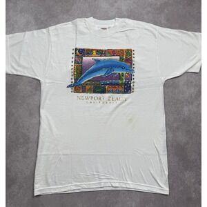 VTG Dolphin‎ Newport Beach Adult Sz L T Shirt Graphic Colorful Gold Cotton USA